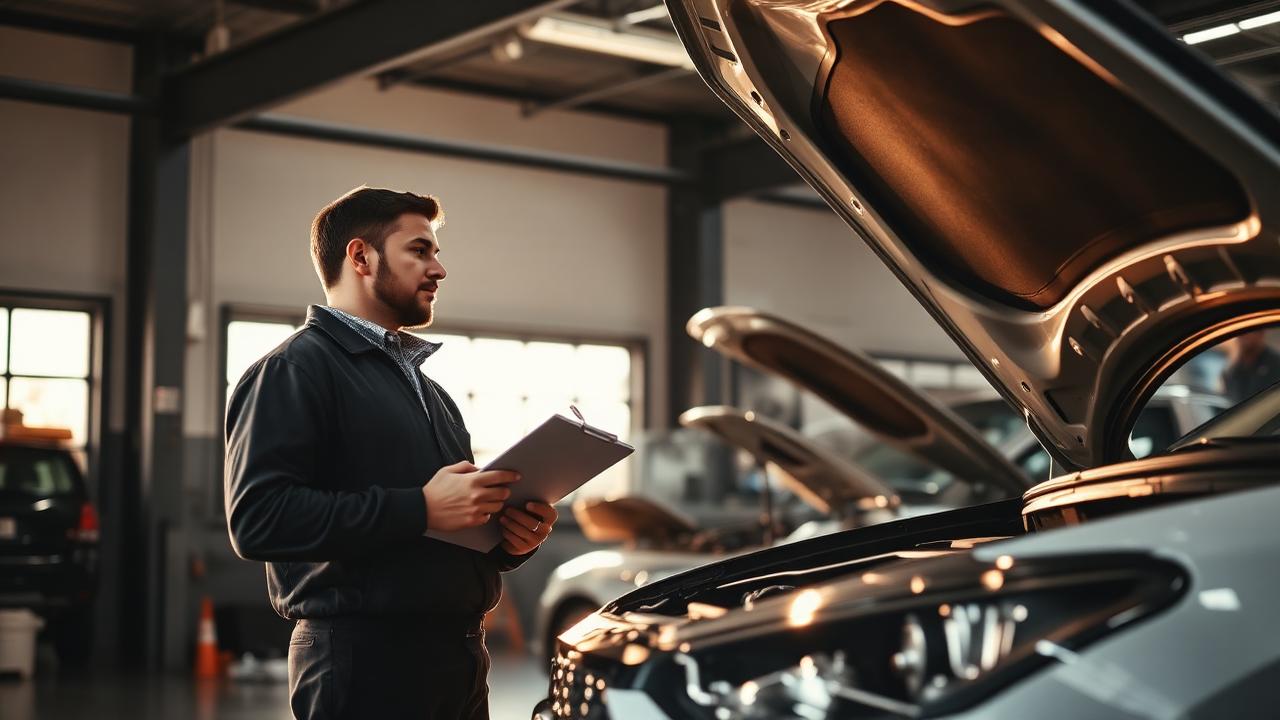 Vevő és szerelő használt autót vizsgál nyitott motorháztetővel
