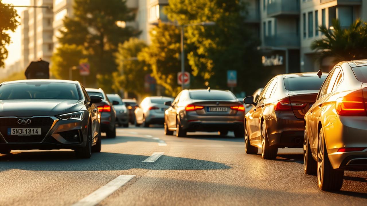 Lassan haladó autósor egy európai város utcáján nyári napsütésben